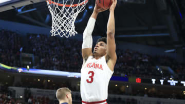 INDIANAPOLIS, INDIANA - DECEMBER 21: Justin Smith #3 of the Indiana Hoosiers shoots the ball against the Notre Dame Fighting Irish during the Crossroads Classic at Bankers Life Fieldhouse on December 21, 2019 in Indianapolis, Indiana. (Photo by Andy Lyons/Getty Images)
