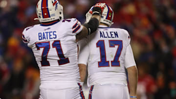 KANSAS CITY, MISSOURI - JANUARY 23: Ryan Bates #71 and Josh Allen #17 of the Buffalo Bills react during the game against the Kansas City Chiefs in the AFC Divisional Playoff game at Arrowhead Stadium on January 23, 2022 in Kansas City, Missouri. (Photo by Jamie Squire/Getty Images)