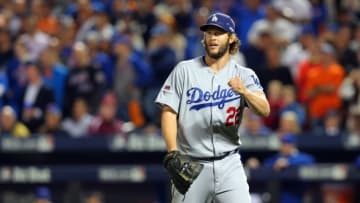 Oct 13, 2015; New York City, NY, USA; Los Angeles Dodgers starting pitcher Clayton Kershaw (22) reacts after the seventh inning against the New York Mets in game four of the NLDS at Citi Field. Mandatory Credit: Brad Penner-USA TODAY Sports