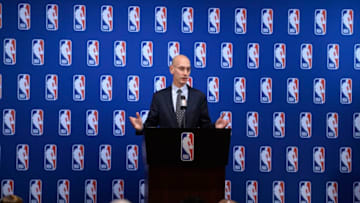 LAS VEGAS, NV - JULY 10: NBA Commissioner Adam Silver speaks to the media after the Board of Governors meetings on July 10, 2018 at The Encore Casino and Hotel in Las Vegas, Nevada. NOTE TO USER: User expressly acknowledges and agrees that, by downloading and or using this photograph, User is consenting to the terms and conditions of the Getty Images License Agreement. Mandatory Copyright Notice: Copyright 2018 NBAE (Photo by David Dow/NBAE via Getty Images)