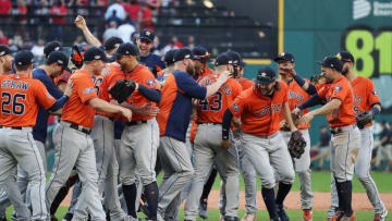CLEVELAND, OH - OCTOBER 08: The Houston Astros celebrate defeating the Cleveland Indians 11-3 in Game Three of the American League Division Series to advance to the American League Championship Series at Progressive Field on October 8, 2018 in Cleveland, Ohio. (Photo by Gregory Shamus/Getty Images)