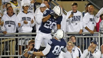 STATE COLLEGE, PA - OCTOBER 21: Saquon Barkley #26 of the Penn State Nittany Lions celebrates after rushing for a 69 yard touchdown in the first half against the Michigan Wolverines on October 21, 2017 at Beaver Stadium in State College, Pennsylvania. (Photo by Justin K. Aller/Getty Images)