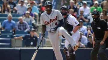 Mar 2, 2016; Tampa, FL, USA; Detroit Tigers designator hitter Cameron Maybin (4) gets hit by a pitch against the New York Yankees at George M. Steinbrenner Field. Mandatory Credit: Kim Klement-USA TODAY Sports