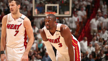 MIAMI, FL - APRIL 21: Dwyane Wade #3 of the Miami Heat looks on in Game Four of the Eastern Conference Quarterfinals against the Philadelphia 76ers during the 2018 NBA Playoffs on April 21, 2018 at American Airlines Arena in Miami, Florida. NOTE TO USER: User expressly acknowledges and agrees that, by downloading and/or using this photograph, user is consenting to the terms and conditions of the Getty Images License Agreement. Mandatory Copyright Notice: Copyright 2018 NBAE (Photo by Issac Baldizon/NBAE via Getty Images)
