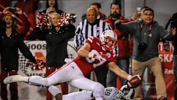 LINCOLN, NE - NOVEMBER 7: Wide receiver Brandon Reilly #87 of the Nebraska Cornhuskers scores the winning touch past cornerback Jermaine Edmondson #39 of the Michigan State Spartans during their game at Memorial Stadium on November 7, 2015 in Lincoln, Nebraska. (Photo by Eric Francis/Getty Images)
