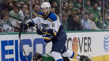 May 11, 2016; Dallas, TX, USA; St. Louis Blues defenseman Joel Edmundson (6) checks Dallas Stars center Vernon Fiddler (38) during the second period in game seven of the second round of the 2016 Stanley Cup Playoffs at American Airlines Center. Mandatory Credit: Jerome Miron-USA TODAY Sports