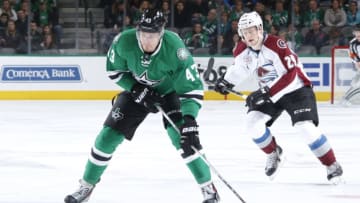 DALLAS, TX - JANUARY 23: Valeri Nichushkin #43 of the Dallas Stars handles the puck against the Colorado Avalanche at the American Airlines Center on January 23, 2016 in Dallas, Texas. (Photo by Glenn James/NHLI via Getty Images)