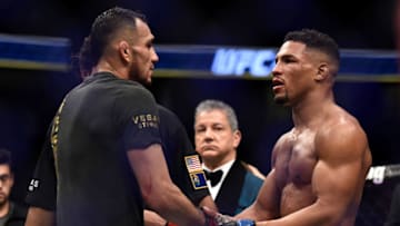 LAS VEGAS, NV - OCTOBER 07: (R-L) Kevin Lee congratulates Tony Ferguson after his submission victory in their interim UFC lightweight championship bout during the UFC 216 event inside T-Mobile Arena on October 7, 2017 in Las Vegas, Nevada. (Photo by Brandon Magnus/Zuffa LLC/Zuffa LLC via Getty Images)