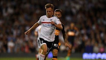 LONDON, ENGLAND - AUGUST 05: Tomas Kalas of Fulham holds off pressure from Adam Armstrong of Newcastle during the Sky Bet Championship match between Fulham and Newcastle United at Craven Cottage on August 5, 2016 in London, England. (Photo by Mike Hewitt/Getty Images)