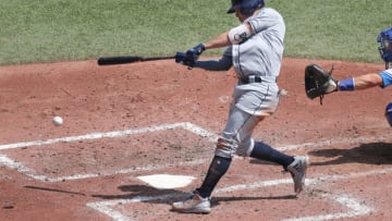 TORONTO, ON - AUGUST 12: Willy Adames #1 of the Tampa Bay Rays hits an RBI single in the fourth inning during MLB game action against the Toronto Blue Jays at Rogers Centre on August 12, 2018 in Toronto, Canada. (Photo by Tom Szczerbowski/Getty Images)