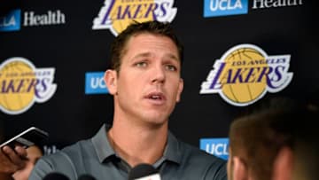 EL SEGUNDO, CA - SEPTEMBER 25: Luke Walton, head coach of the Los Angeles Lakers, speaks during media day September 25, 2017, in El Segundo, California. NOTE TO USER: User expressly acknowledges and agrees that, by downloading and/or using this photograph, user is consenting to the terms and conditions of the Getty Images License Agreement. (Photo by Kevork Djansezian/Getty Images)