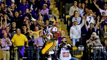Oct 22, 2016; Baton Rouge, LA, USA; LSU Tigers running back Leonard Fournette (7) breaks loose for a touchdown run against the Mississippi Rebels during the third quarter of a game at Tiger Stadium. Mandatory Credit: Derick E. Hingle-USA TODAY Sports