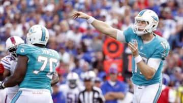 Sep 14, 2014; Orchard Park, NY, USA; Miami Dolphins quarterback Ryan Tannehill (17) throws a pass during the second half of the game against the Buffalo Bills at Ralph Wilson Stadium. Bills beat the Dolphins 29-10. Mandatory Credit: Kevin Hoffman-USA TODAY Sports