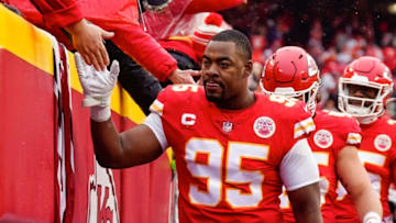 Jan 21, 2023; Kansas City, Missouri, USA; Kansas City Chiefs defensive tackle Chris Jones (95) greets fans prior to an AFC divisional round game against the Jacksonville Jaguars at GEHA Field at Arrowhead Stadium. Mandatory Credit: Jay Biggerstaff-USA TODAY Sports