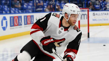 TAMPA, FL - JANUARY 09: Arizona Coyotes left wing Taylor Hall (91) before the NHL game between the Arizona Coyotes and Tampa Bay Lightning on January 09, 2020 at Amalie Arena in Tampa, FL. (Photo by Mark LoMoglio/Icon Sportswire via Getty Images)