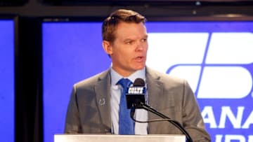 INDIANAPOLIS, IN - FEBRUARY 13: General manager Chris Ballard addresses the media during the press conference introducing head coach Frank Reich at Lucas Oil Stadium on February 13, 2018 in Indianapolis, Indiana. (Photo by Michael Reaves/Getty Images)