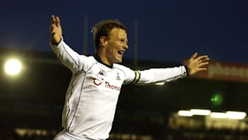 BIRMINGHAM - NOVEMBER 30: Teddy Sheringham of Tottenham Hotspur celebrates scoring the opening goal during the FA Barclaycard Premiership match between Birmingham City and Tottenham Hotspur held on November 30, 2002 at St Andrews, in Birmingham, England. The match ended in a 1-1 draw. (Photo by Shaun Botterill/Getty Images)