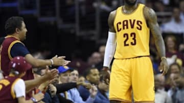 Jun 9, 2015; Cleveland, OH, USA; Cleveland Cavaliers forward LeBron James (23) reacts after a play against the Golden State Warriors in game three of the NBA Finals at Quicken Loans Arena. Mandatory Credit: Bob Donnan-USA TODAY Sports