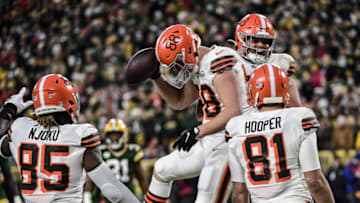 Dec 25, 2021; Green Bay, Wisconsin, USA; Cleveland Browns tight end Harrison Bryant (88) celebrates after catching a pass for a touchdown in the second quarter against the Green Bay Packers at Lambeau Field. Mandatory Credit: Benny Sieu-USA TODAY Sports