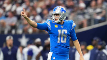 ARLINGTON, TX - OCTOBER 23: Jared Goff #16 of the Detroit Lions celebrates against the Dallas Cowboys at AT&T Stadium on October 23, 2022 in Arlington, Texas. (Photo by Cooper Neill/Getty Images)