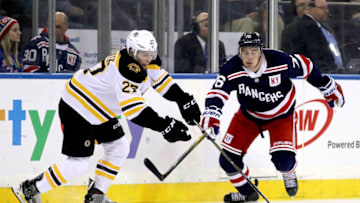NEW YORK, NY - FEBRUARY 07: Austin Czarnik #27 of the Boston Bruins fights for the puck against Brady Skjei #76 of the New York Rangers in the third period during their game at Madison Square Garden on February 7, 2018 in New York City. (Photo by Abbie Parr/Getty Images)