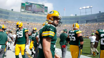 GREEN BAY, WI - SEPTEMBER 16: Aaron Rodgers #12 of the Green Bay Packers is seen on the sidelines during the third quarter of a game against the Minnesota Vikings at Lambeau Field on September 16, 2018 in Green Bay, Wisconsin. (Photo by Joe Robbins/Getty Images)