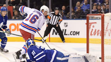 Dec 28, 2019; Toronto, Ontario, CAN; New York Rangers forward Ryan Strome (16) scores past Toronto Maple Leafs goalie Frederik Andersen in the first period at Scotiabank Arena. Mandatory Credit: Dan Hamilton-USA TODAY Sports