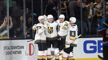 LAS VEGAS, NV - OCTOBER 27: (L-R) Oscar Lindberg #24, Tomas Nosek #92, Luca Sbisa #47 and Deryk Engelland #5 of the Vegas Golden Knights celebrate after scoring a goal against the Colorado Avalanche during the game at T-Mobile Arena on October 27, 2017 in Las Vegas, Nevada. (Photo by David Becker/NHLI via Getty Images)