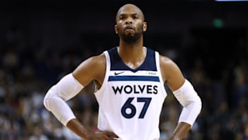 SHANGHAI, CHINA - OCTOBER 08: Taj Gibson #67 of the Minnesota Timberwolves looks on during the game between the Minnesota Timberwolves and the Golden State Warriors as part of 2017 NBA Global Games China at Mercedes-Benz Arena on October 8, 2017 in Shanghai, China. (Photo by Zhong Zhi/Getty Images)
