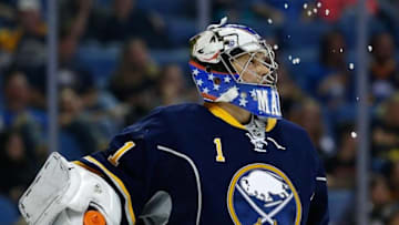 Sep 23, 2015; Buffalo, NY, USA; Buffalo Sabres goalie Andrey Makarov (1) during the game against the Ottawa Senators at First Niagara Center. Mandatory Credit: Kevin Hoffman-USA TODAY Sports