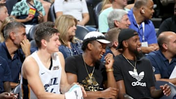 SALT LAKE CITY, UT - JULY 5: Grayson Allen #24, Donovan Mitchell #45, and Royce O'Neale #23 of the Utah Jazz during the game against the Atlanta Hawks on July 5, 2018 at Vivint Smart Home Arena in Salt Lake City, Utah. NOTE TO USER: User expressly acknowledges and agrees that, by downloading and/or using this photograph, user is consenting to the terms and conditions of the Getty Images License Agreement. Mandatory Copyright Notice: Copyright 2018 NBAE (Photo by Melissa Majchrzak/NBAE via Getty Images)