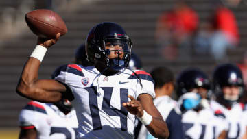 TEMPE, AZ - NOVEMBER 25: Quarterback Khalil Tate #14 of the Arizona Wildcats warms up before the college football game against the Arizona State Sun Devils at Sun Devil Stadium on November 25, 2017 in Tempe, Arizona. (Photo by Christian Petersen/Getty Images)
