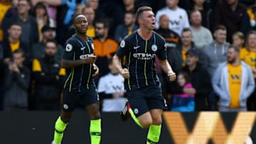 WOLVERHAMPTON, ENGLAND - AUGUST 25: Aymeric Laporte of Manchester City celebrates after scoring his sides first goal during the Premier League match between Wolverhampton Wanderers and Manchester City at Molineux on August 25, 2018 in Wolverhampton, United Kingdom. (Photo by Shaun Botterill/Getty Images)
