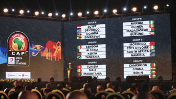 12 April 2019, Egypt, Giza: The group stage of the 2019 Africa Cup of Nations are seen displayed on the screen during the draw for the championship, scheduled to take place in Egypt between 21 June and 19 July 2019, at the Pyramids of Giza. Photo: Ahmed Ramadan/dpa (Photo by Ahmed Ramadan/picture alliance via Getty Images)