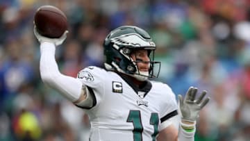ORCHARD PARK, NEW YORK - OCTOBER 27: Carson Wentz #11 of the Philadelphia Eagles throws the ball during the first quarter of an NFL game against the Buffalo Bills at New Era Field on October 27, 2019 in Orchard Park, New York. (Photo by Bryan M. Bennett/Getty Images)