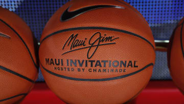 Nov 25, 2019; Lahaina, HI, USA; A close up of an official game ball on the ball rack before the Brigham Young Cougars play the UCLA Bruins during the first half on the first day of the Maui Jim Maui Invitational at the Lahaina Civic Center. Mandatory Credit: Brian Spurlock-USA TODAY Sports