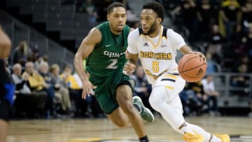 Northern Kentucky Norse guard Bryson Langdon (5) drives on Northern Kentucky Norse guard Paul Djoko (2) in the second half of the NCAA basketball game on Saturday, Jan. 18, 2020, at the BB&T Arena in Highland Heights, Ky. NKU won 75-49.Northern Kentucky Norse Cleveland State Vikings Basketball 74