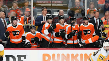 PHILADELPHIA, PA - APRIL 18: Members of the Philadelphia Flyers bench react to the play on the ice against the Pittsburgh Penguins in Game Four of the Eastern Conference First Round during the 2018 NHL Stanley Cup Playoffs at the Wells Fargo Center on April 18, 2018 in Philadelphia, Pennsylvania. (Photo by Len Redkoles/NHLI via Getty Images)
