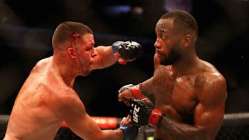 GLENDALE, ARIZONA - JUNE 12: Nate Diaz (L) fights Leon Edwards of Jamaica during their UFC 263 welterweight match at Gila River Arena on June 12, 2021 in Glendale, Arizona.