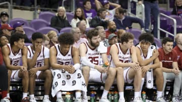 Jan 24, 2023; Fort Worth, Texas, USA; Oklahoma Sooners bench reacts during the second half against the TCU Horned Frogs at Ed and Rae Schollmaier Arena. Mandatory Credit: Kevin Jairaj-USA TODAY Sports