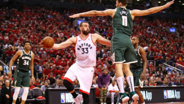 Fantasy Basketball: TORONTO, ONTARIO - MAY 19: Brook Lopez #11 of the Milwaukee Bucks defends Marc Gasol #33 of the Toronto Raptors during the first half in game three of the NBA Eastern Conference Finals at Scotiabank Arena on May 19, 2019 in Toronto, Canada. NOTE TO USER: User expressly acknowledges and agrees that, by downloading and or using this photograph, User is consenting to the terms and conditions of the Getty Images License Agreement. (Photo by Gregory Shamus/Getty Images)