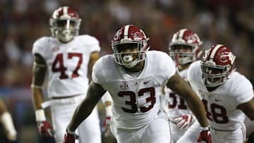 Dec 3, 2016; Atlanta, GA, USA; Alabama Crimson Tide linebacker Anfernee Jennings (33) reacts after a sack against the Florida Gators during the second quarter of the SEC Championship college football game at Georgia Dome. Mandatory Credit: Brett Davis-USA TODAY Sports