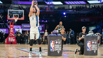 February 15, 2020; Chicago, Illinois, USA; Indiana Pacers forward Domantas Sabonis (11) participates in the skills challenge during NBA All Star Saturday Night at United Center. Mandatory Credit: Kyle Terada-USA TODAY Sports