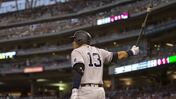 Jun 16, 2016; Minneapolis, MN, USA; New York Yankees designated hitter Alex Rodriguez (13) looks on while on deck in the sixth inning against the Minnesota Twins at Target Field. Mandatory Credit: Jesse Johnson-USA TODAY Sports