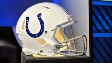 Nov 14, 2013; Nashville, TN, USA; Indianapolis Colts helmet on the sideline prior to the game against the Tennessee Titans at LP Field. Mandatory Credit: Jim Brown-USA TODAY Sports