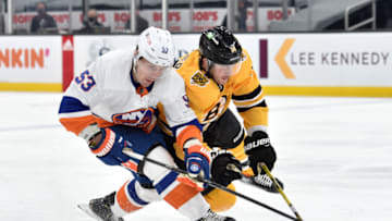 Apr 15, 2021; Boston, Massachusetts, USA; New York Islanders center Casey Cizikas (53) and Boston Bruins right wing Chris Wagner (14) battle for the puck during the first period at TD Garden. Mandatory Credit: Bob DeChiara-USA TODAY Sports