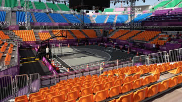 A general view shows the court at Aomi Urban Sports Park, the main venue for 3x3 basketball during the Tokyo 2020 Olympic Games, in Tokyo. (Photo by Yuki IWAMURA / AFP) (Photo by YUKI IWAMURA/AFP via Getty Images)
