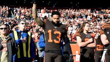 CLEVELAND, OHIO - DECEMBER 22: Odell Beckham Jr. #13 of the Cleveland Browns reacts on the sideline prior to the game against the Baltimore Ravens at FirstEnergy Stadium on December 22, 2019 in Cleveland, Ohio. (Photo by Jason Miller/Getty Images)