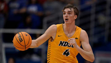 LAWRENCE, KANSAS - NOVEMBER 10: Grant Nelson #4 of the North Dakota State Bison in action against the Kansas Jayhawks in the second half at Allen Fieldhouse on November 10, 2022 in Lawrence, Kansas. (Photo by Ed Zurga/Getty Images)