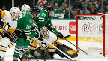 Jan 8, 2022; Dallas, Texas, USA; Dallas Stars center Joe Pavelski (16) scores a goal against Pittsburgh Penguins goaltender Tristan Jarry (35) in the third period at American Airlines Center. Mandatory Credit: Tim Heitman-USA TODAY Sports